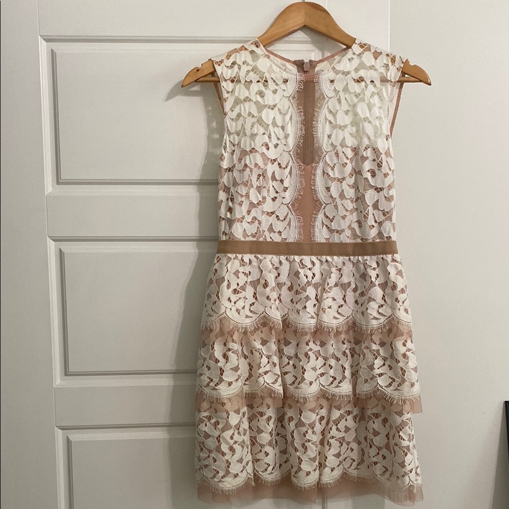 BCBGMaxAzria White and Tan Lace Dress